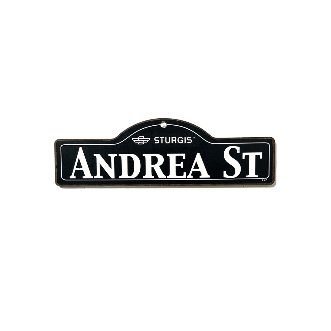Andrea Sturgis wooden street name sign with white lettering on black