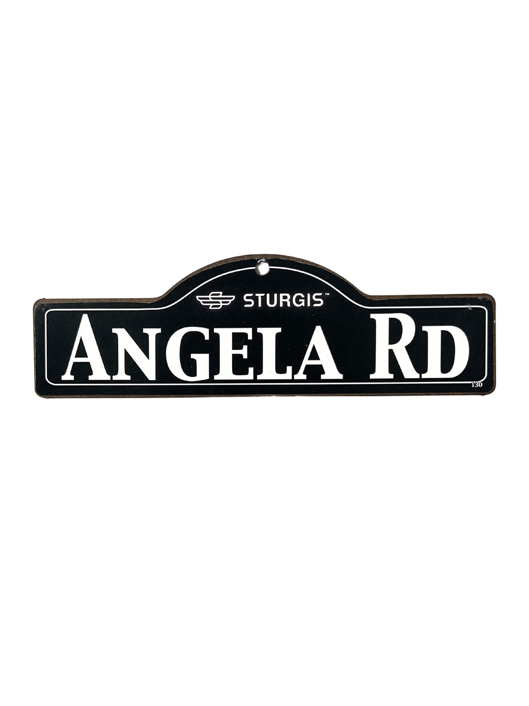 Angela Sturgis wooden street name sign with white lettering on black