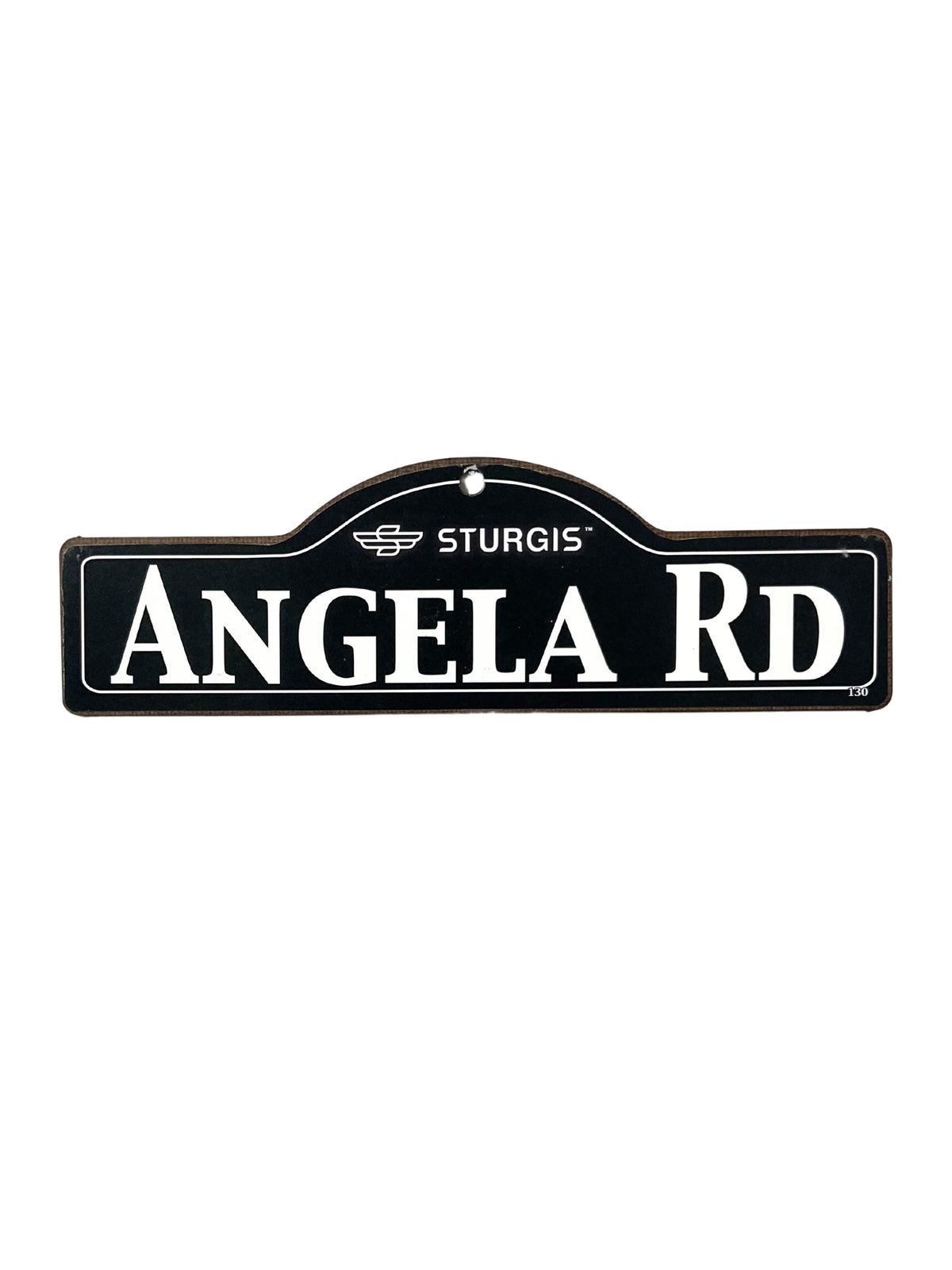 Angela Sturgis wooden street name sign with white lettering on black