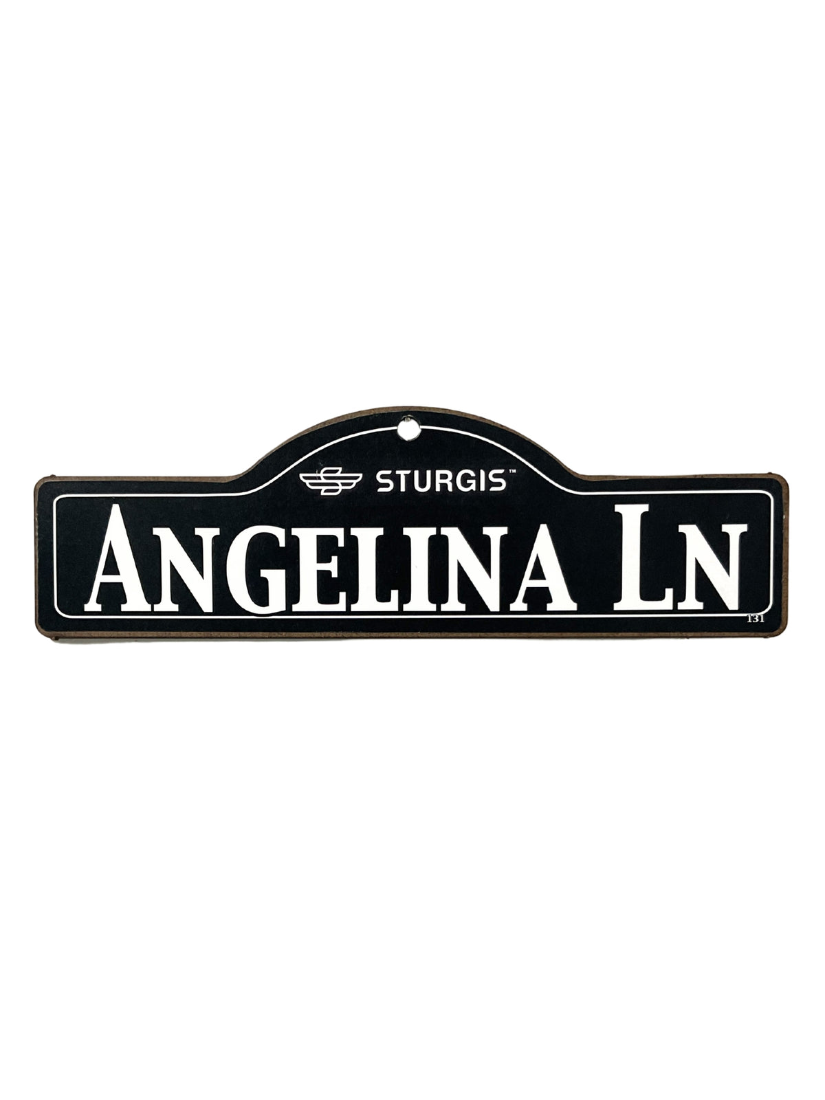 Angelina Sturgis wooden street name sign with white lettering on black