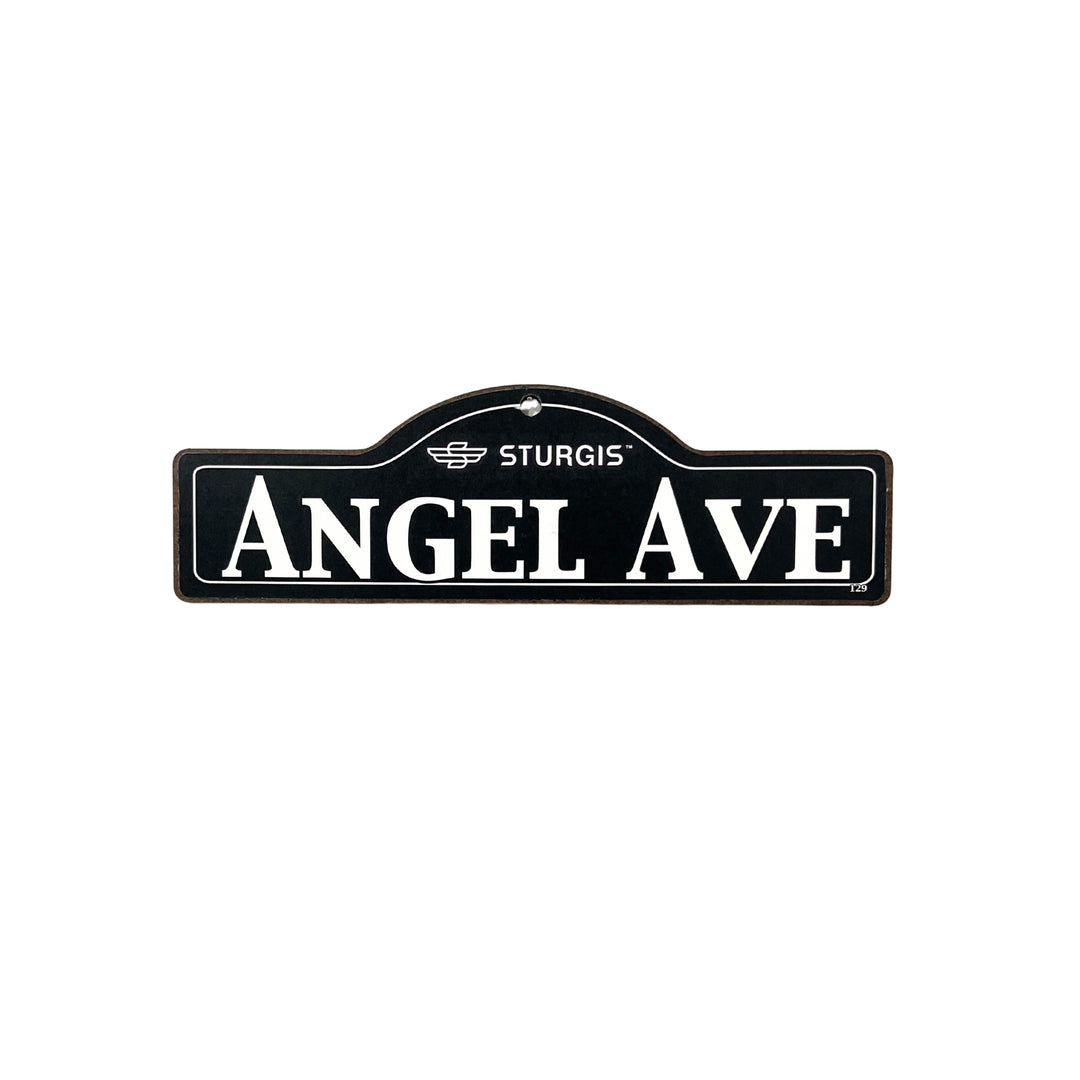 Angel Sturgis wooden street name sign with white lettering on black