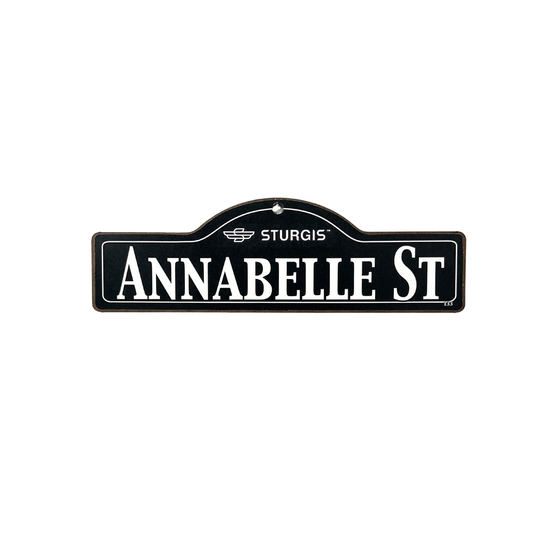 Annabelle Sturgis wooden street name sign with white lettering on black