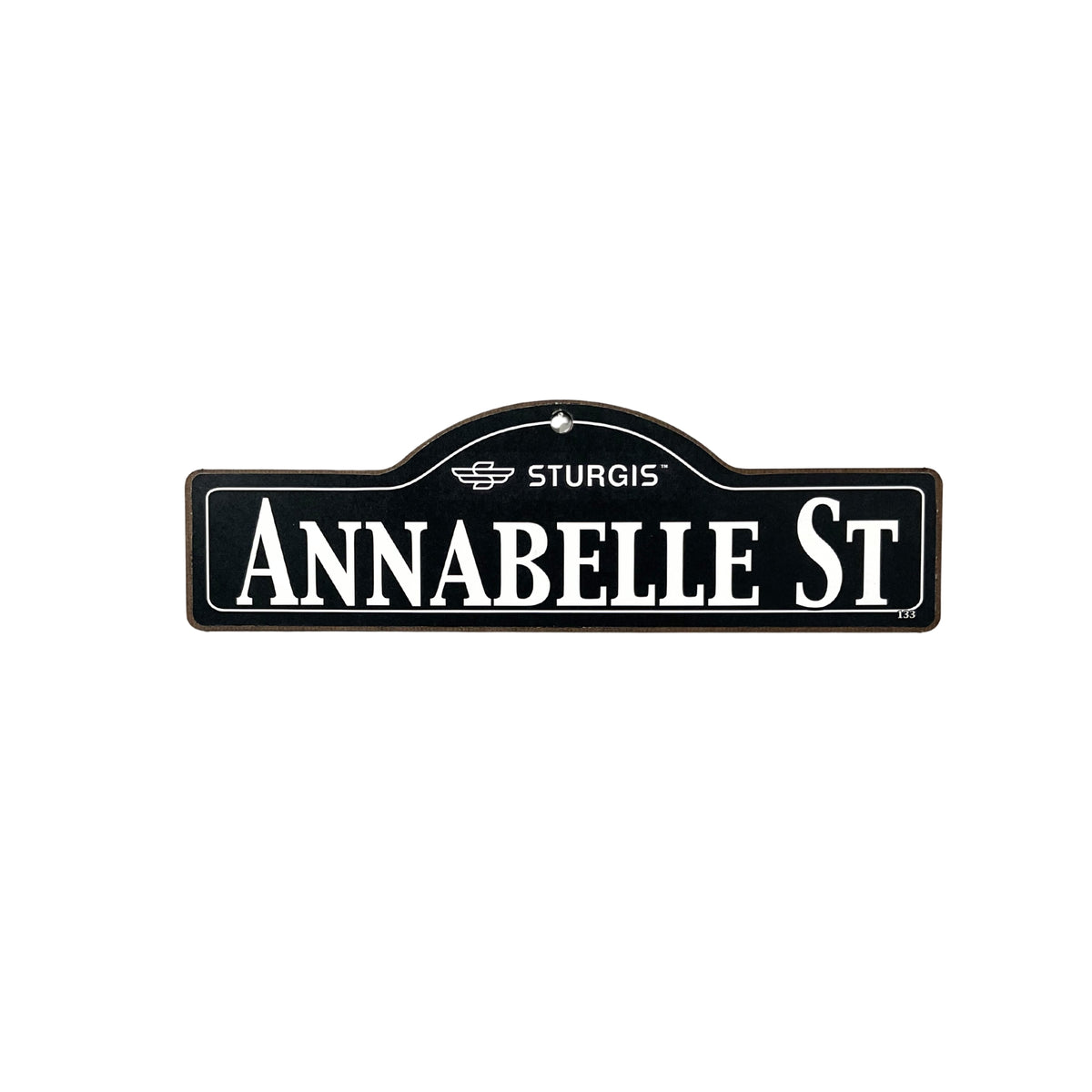 Annabelle Sturgis wooden street name sign with white lettering on black