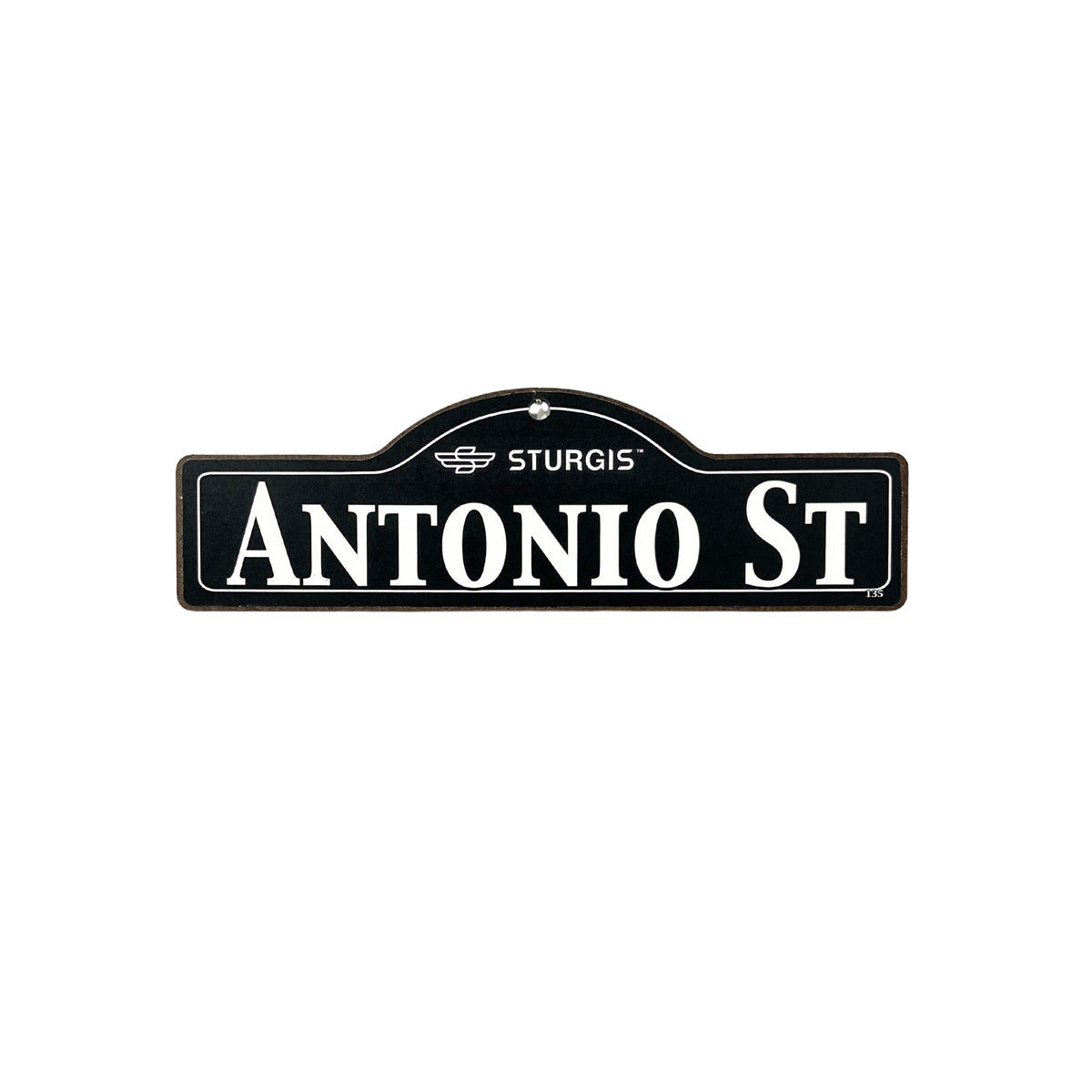 Antonio Sturgis wooden street name sign with white lettering on black