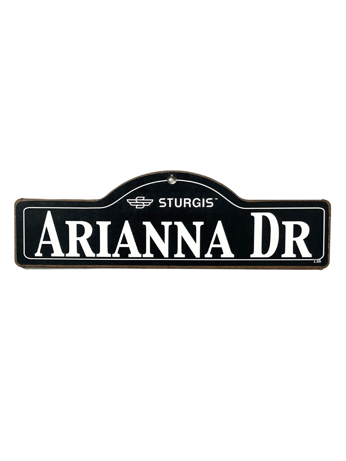 Arianna Sturgis wooden street name sign with white lettering on black