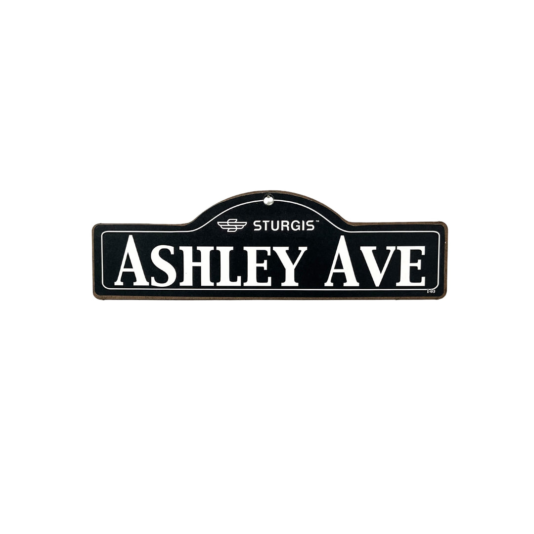 Ashley Sturgis wooden street name sign with white lettering on black