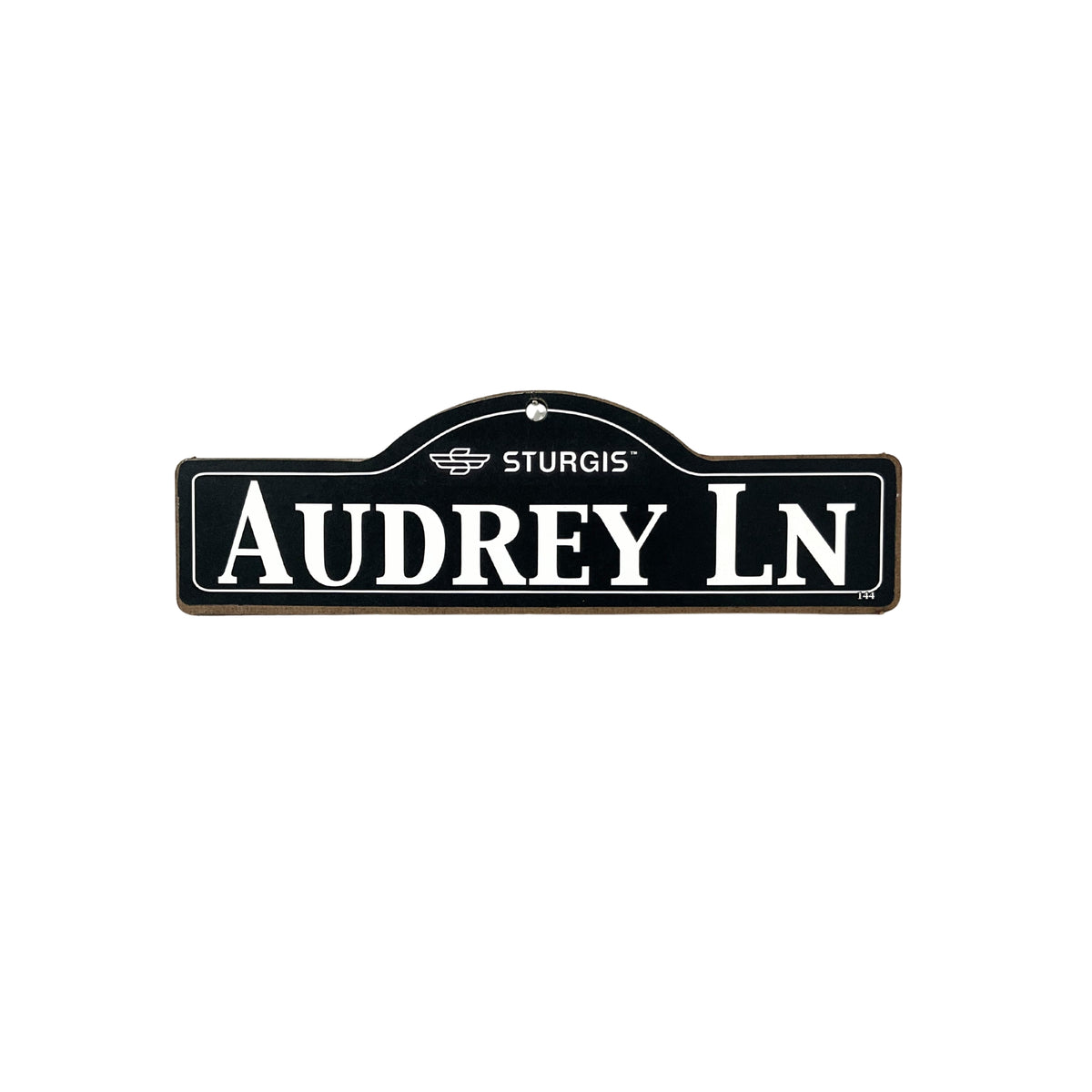 Audrey Sturgis wooden street name sign with white lettering on black