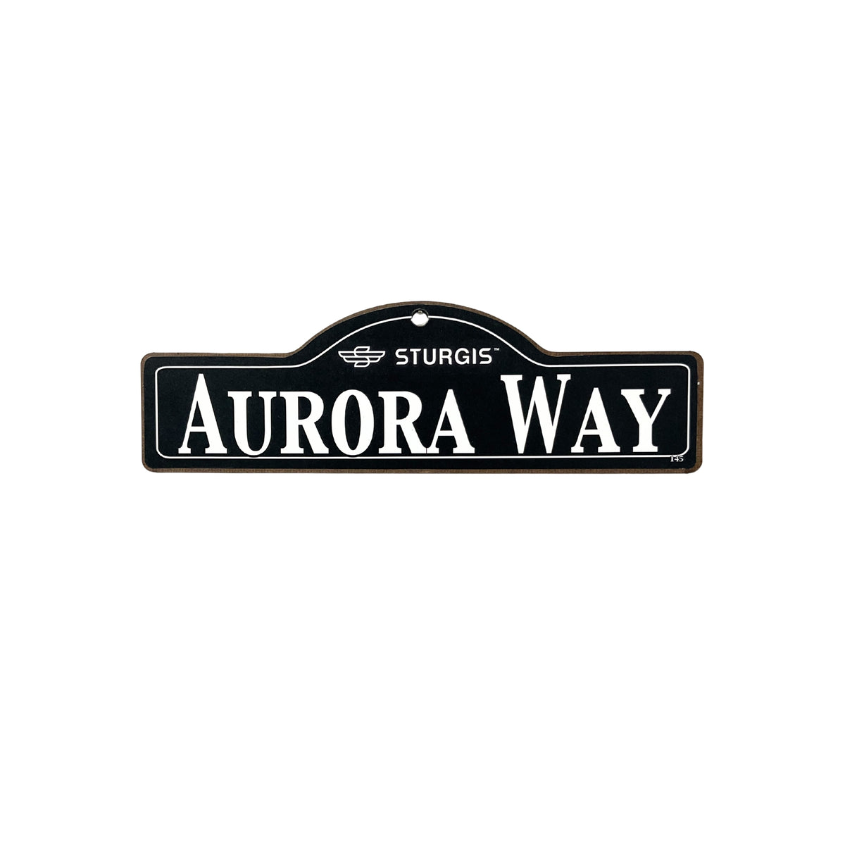 Aurora Sturgis wooden street name sign with white lettering on black