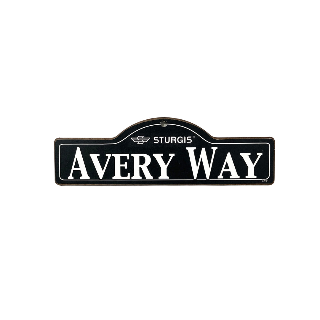Avery Sturgis wooden street name sign with white lettering on black
