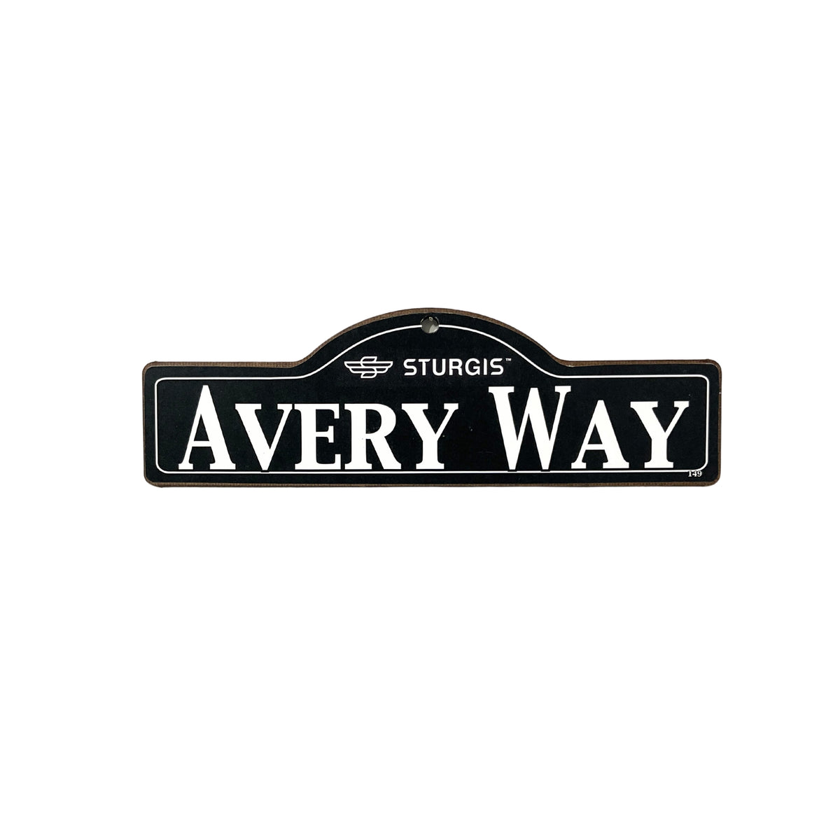Avery Sturgis wooden street name sign with white lettering on black