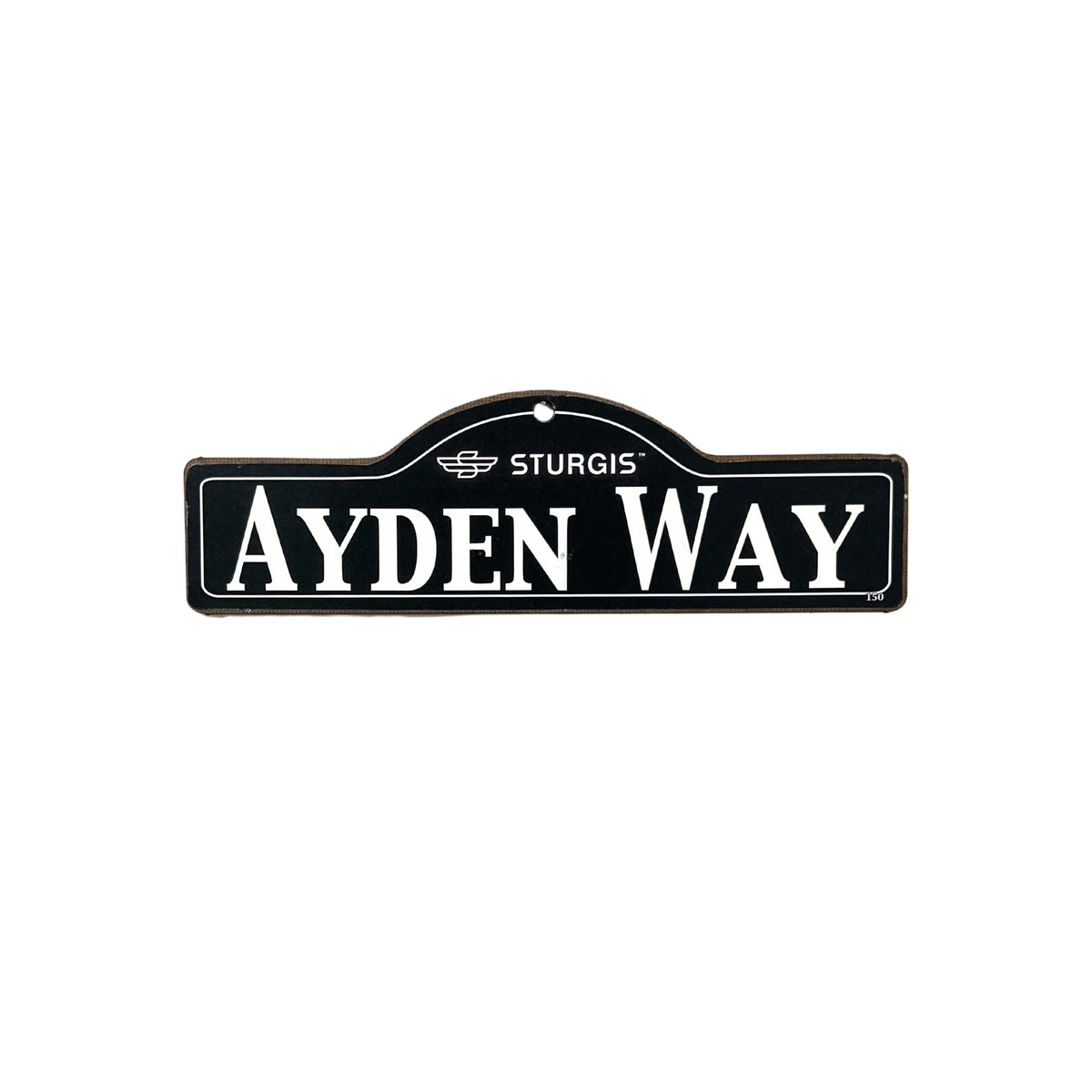 Ayden Sturgis wooden street name sign with white lettering on black