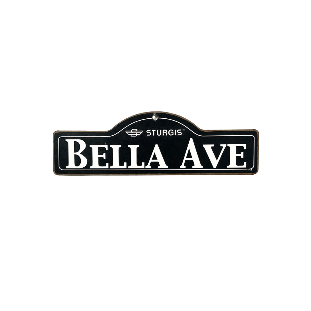 Bella Sturgis wooden street name sign with white lettering on black