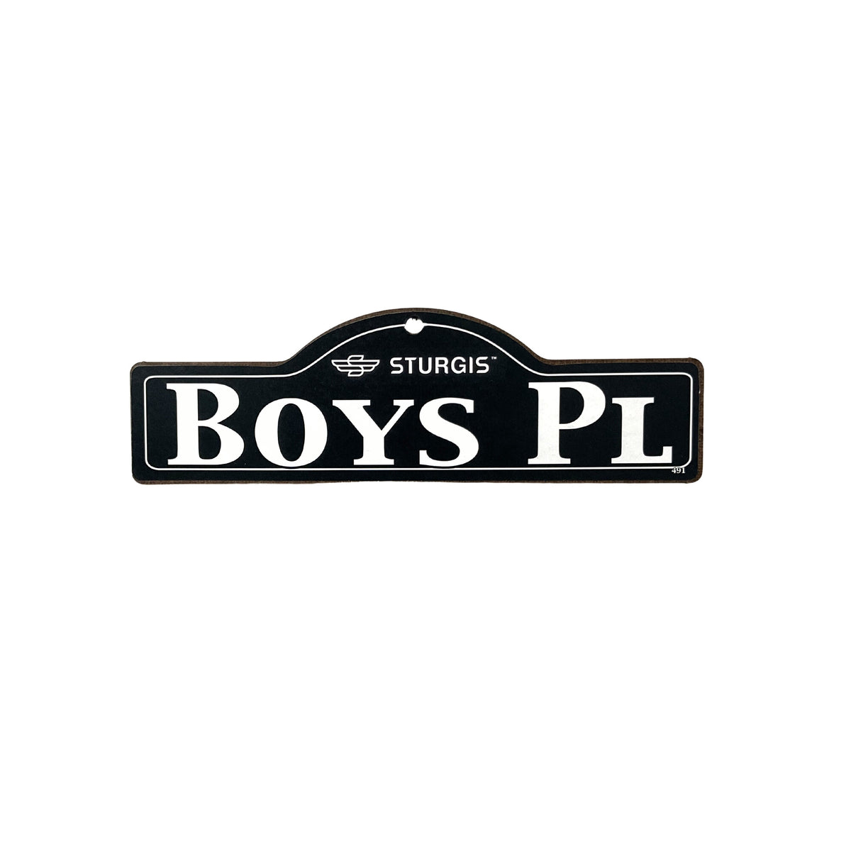 Boys Sturgis wooden street name sign with white lettering on black