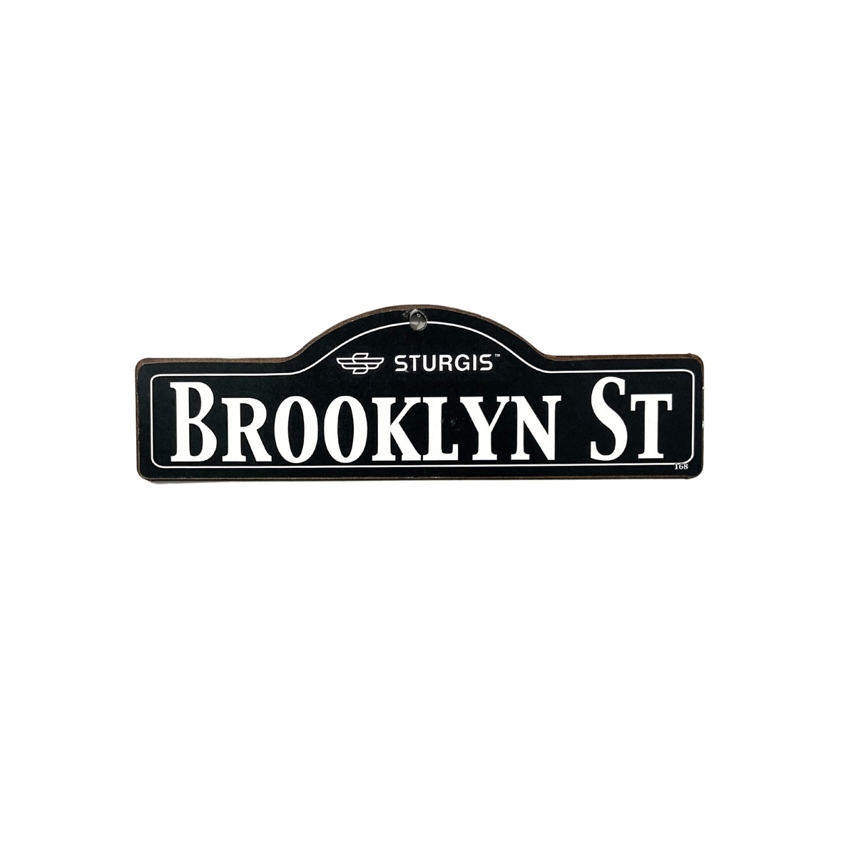 Brooklyn Sturgis wooden street name sign with white lettering on black