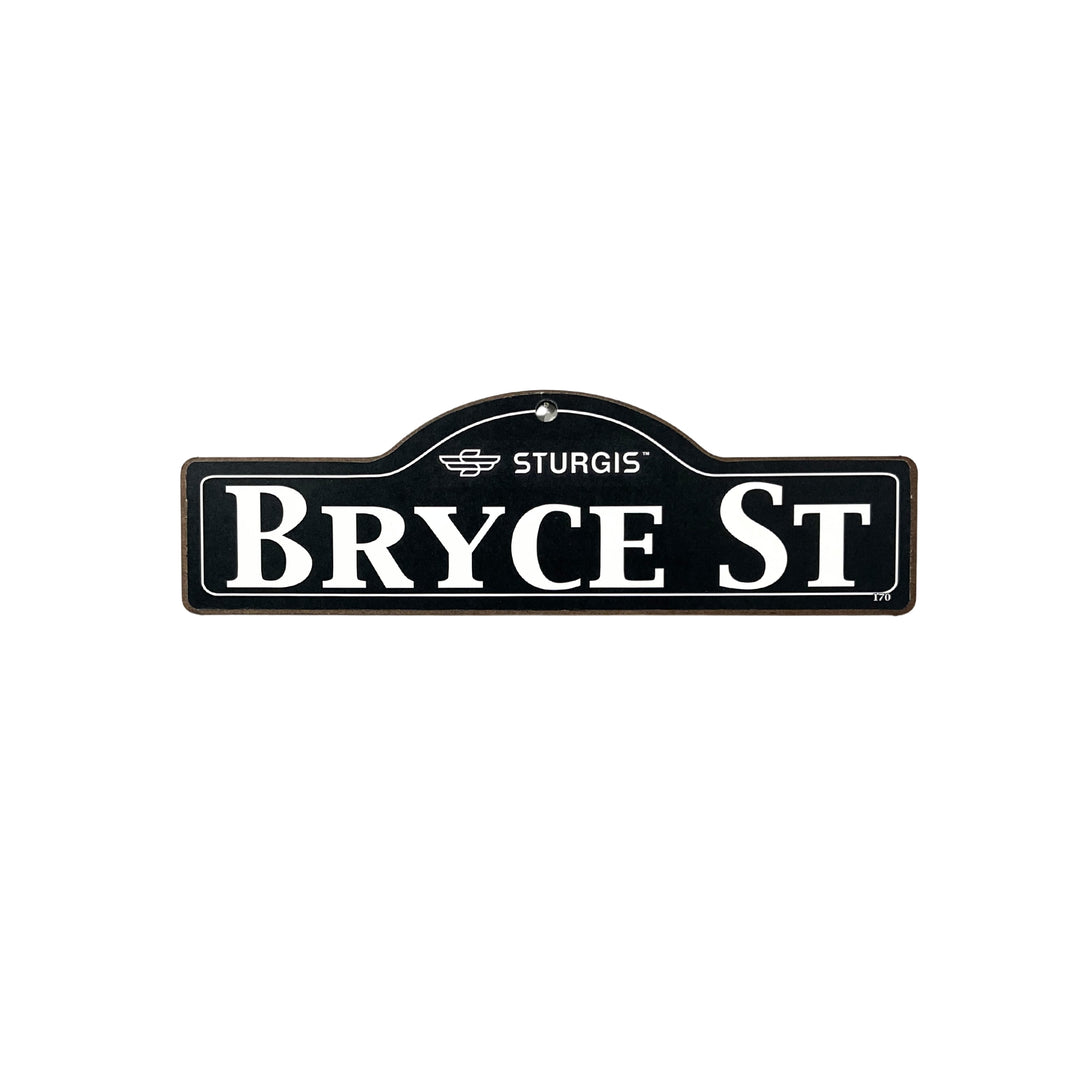 Bryce Sturgis wooden street name sign with white lettering on black