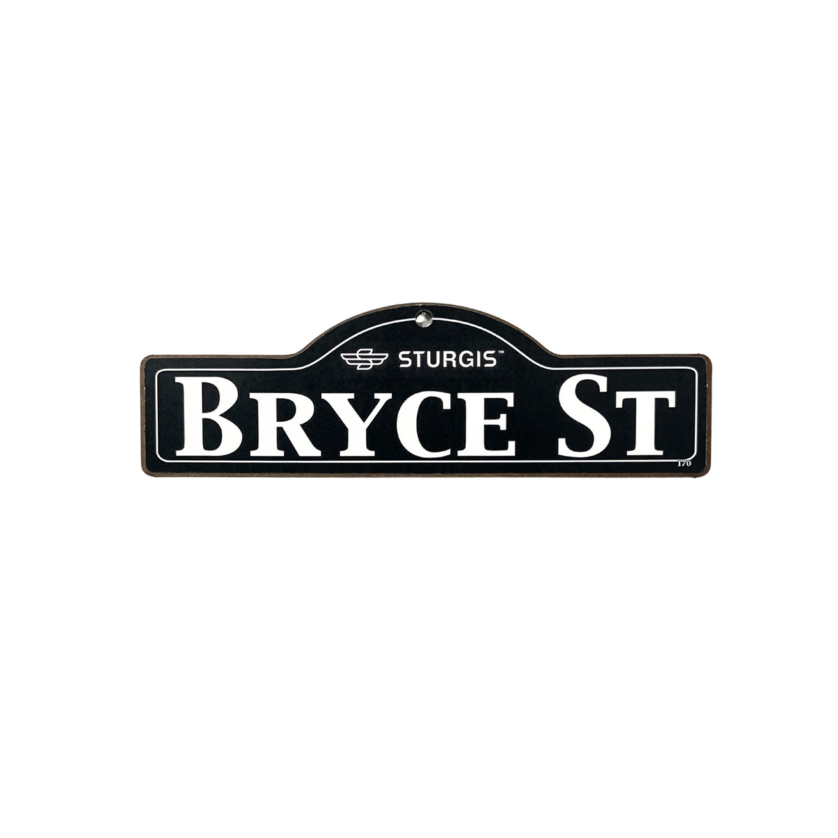 Bryce Sturgis wooden street name sign with white lettering on black