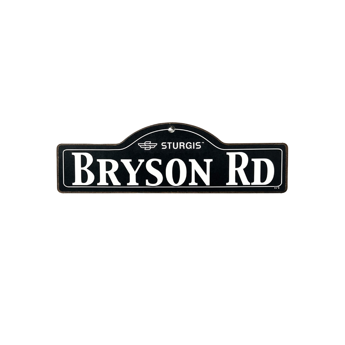 Bryson Sturgis wooden street name sign with white lettering on black