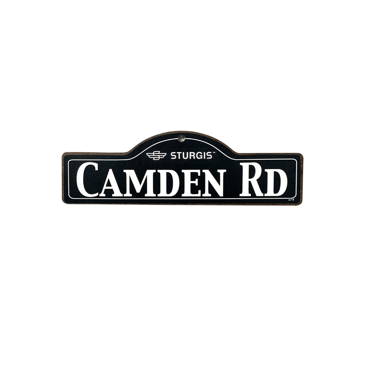 Camden Sturgis wooden street name sign with white lettering on black