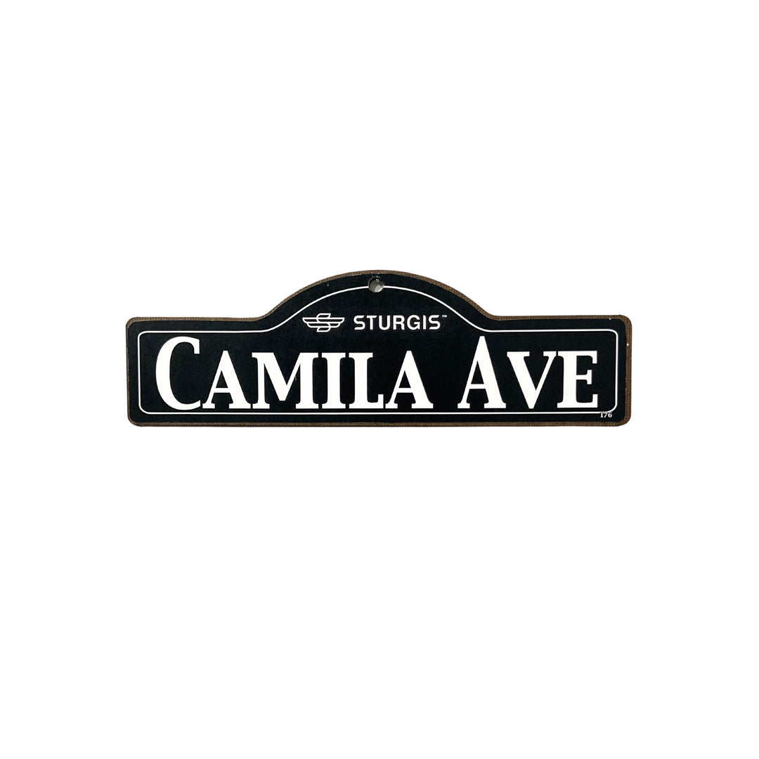 Camila Sturgis wooden street name sign with white lettering on black