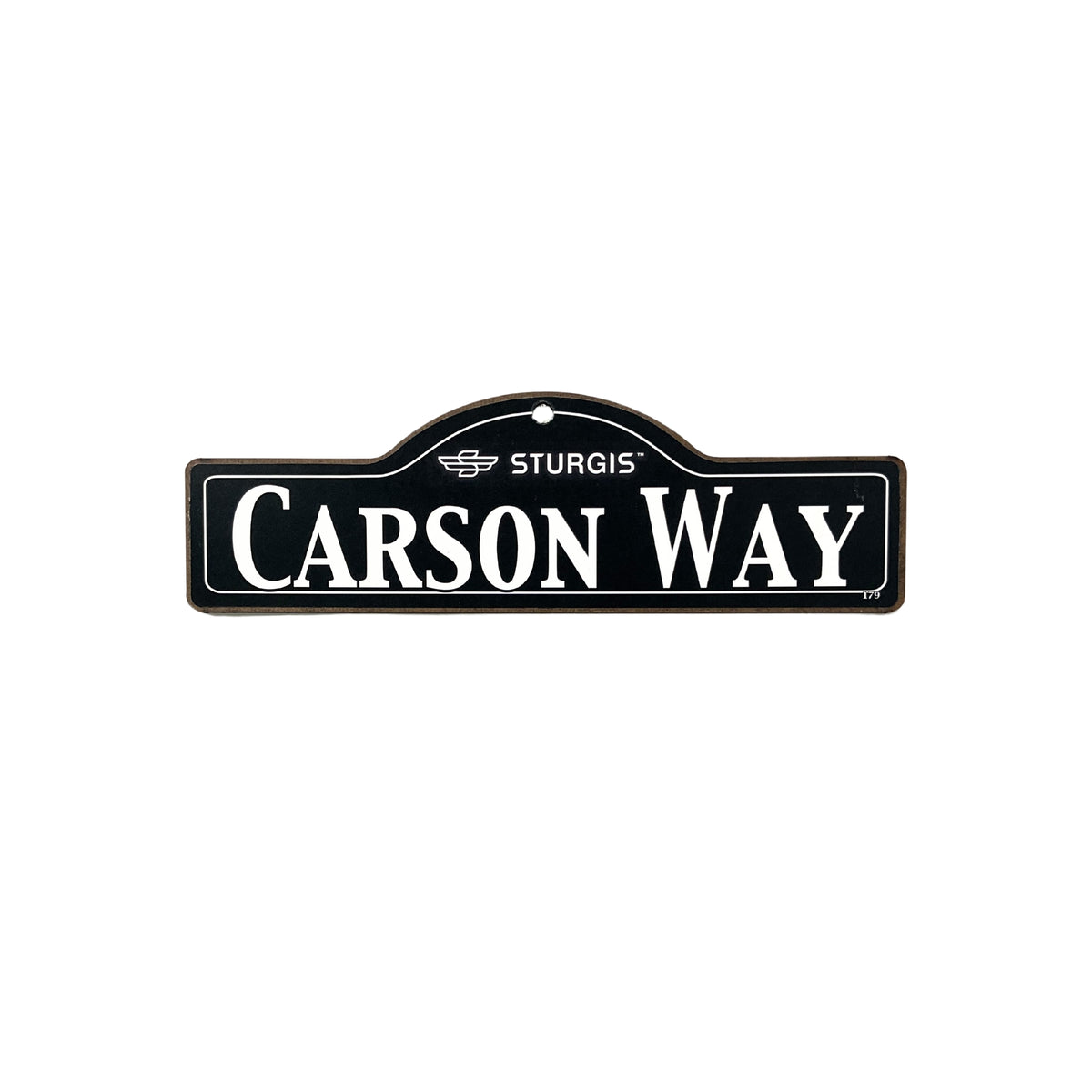 Carson Sturgis wooden street name sign with white lettering on black