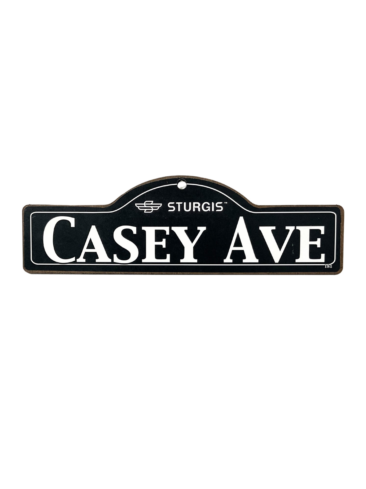 Casey Sturgis wooden street name sign with white lettering on black
