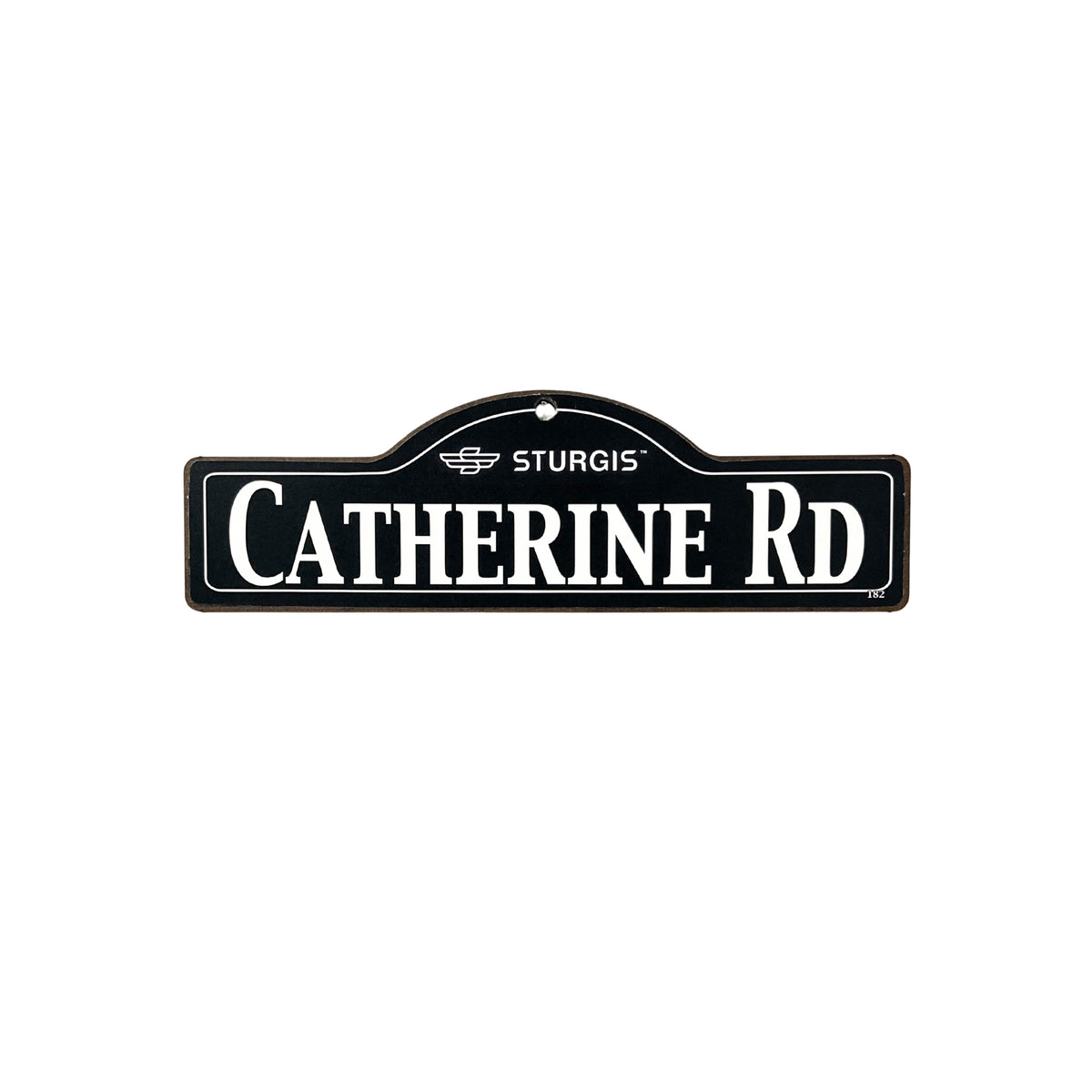 Catherine Sturgis wooden street name sign with white lettering on black