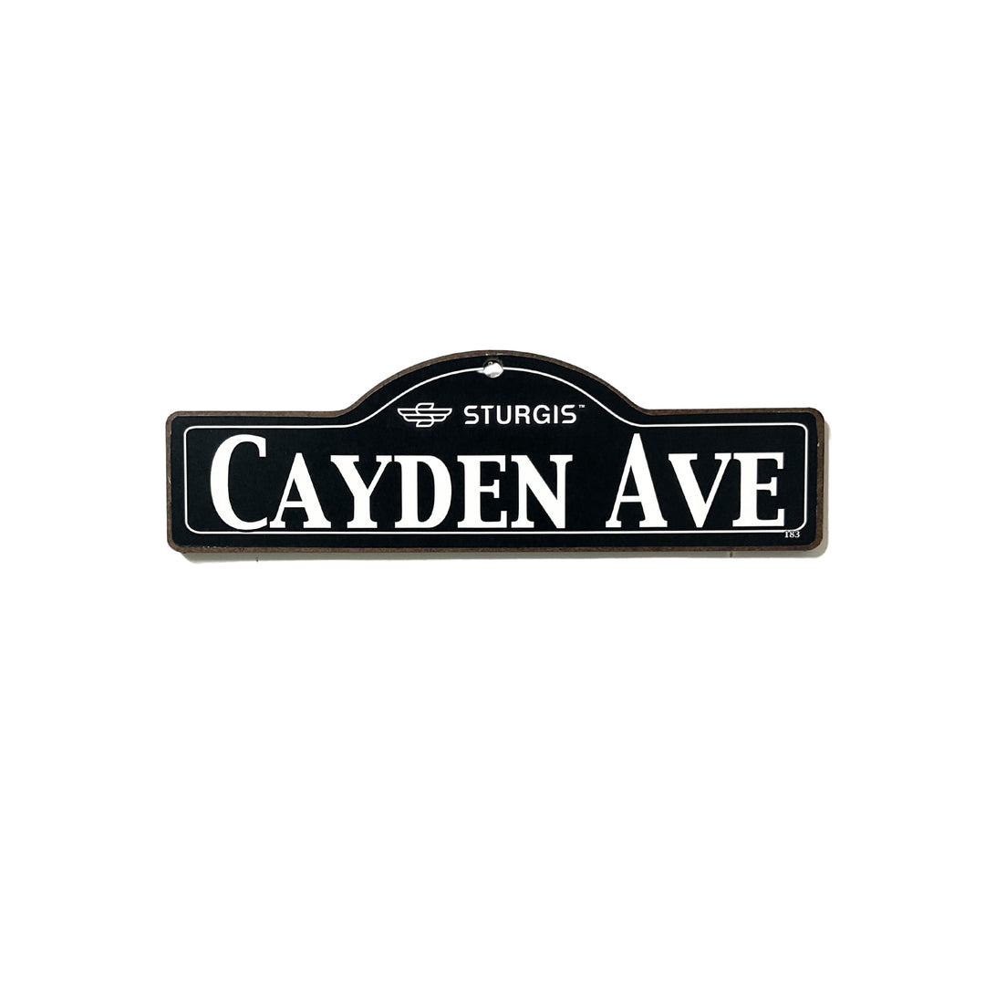 Cayden Sturgis wooden street name sign with white lettering on black