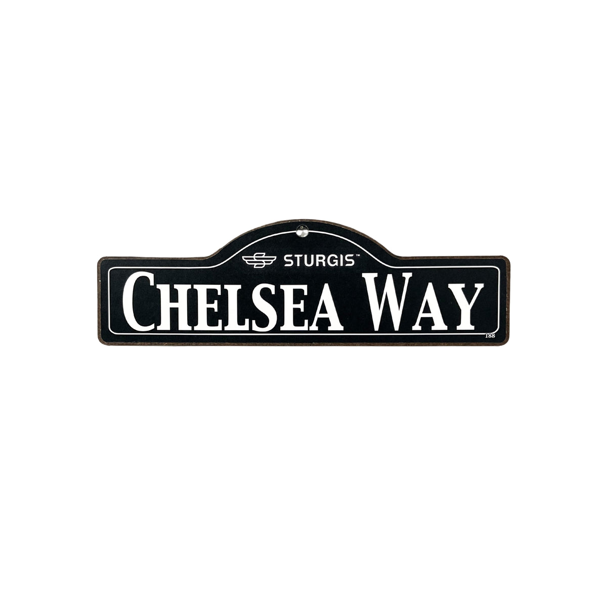 Chelsea Sturgis wooden street name sign with white lettering on black