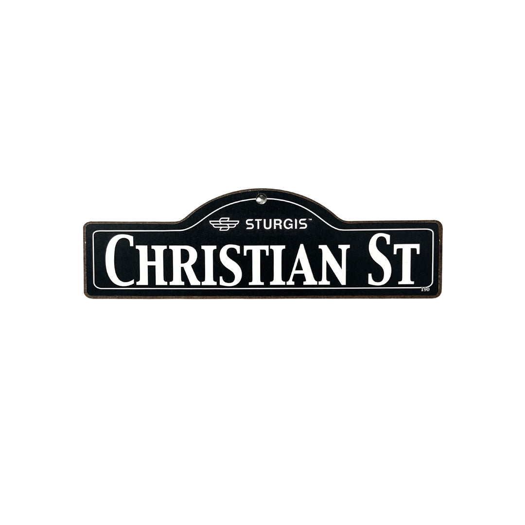 Christian Sturgis wooden street name sign with white lettering on black