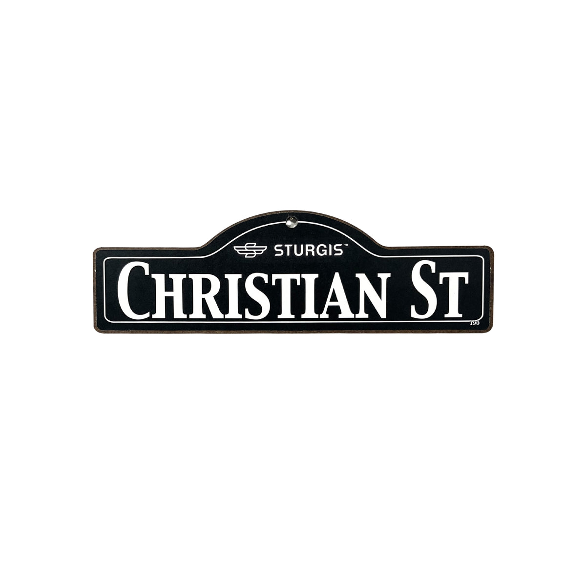 Christian Sturgis wooden street name sign with white lettering on black