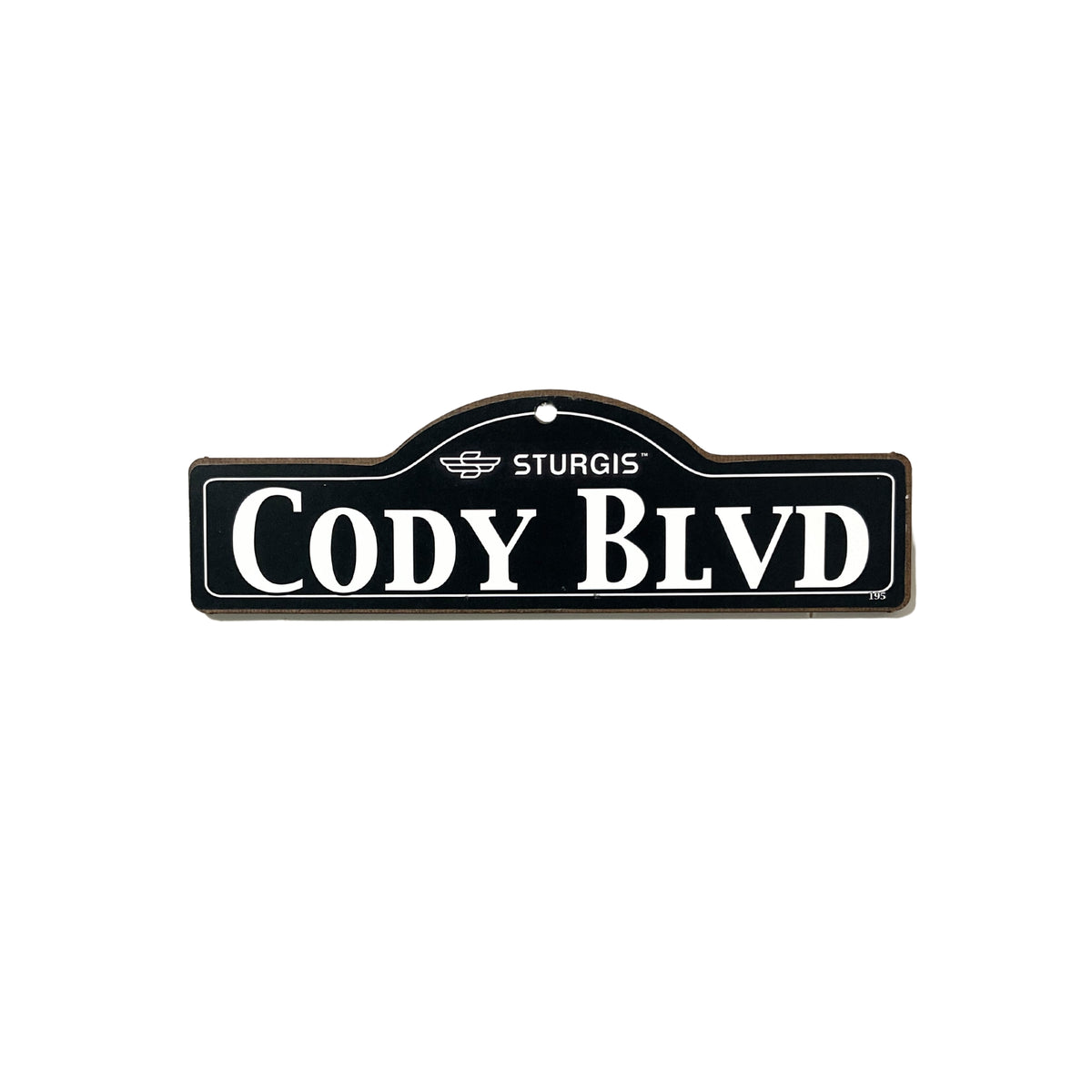 Cody Sturgis wooden street name sign with white lettering on black