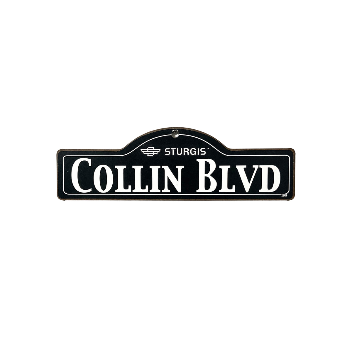 Collin Sturgis wooden street name sign with white lettering on black