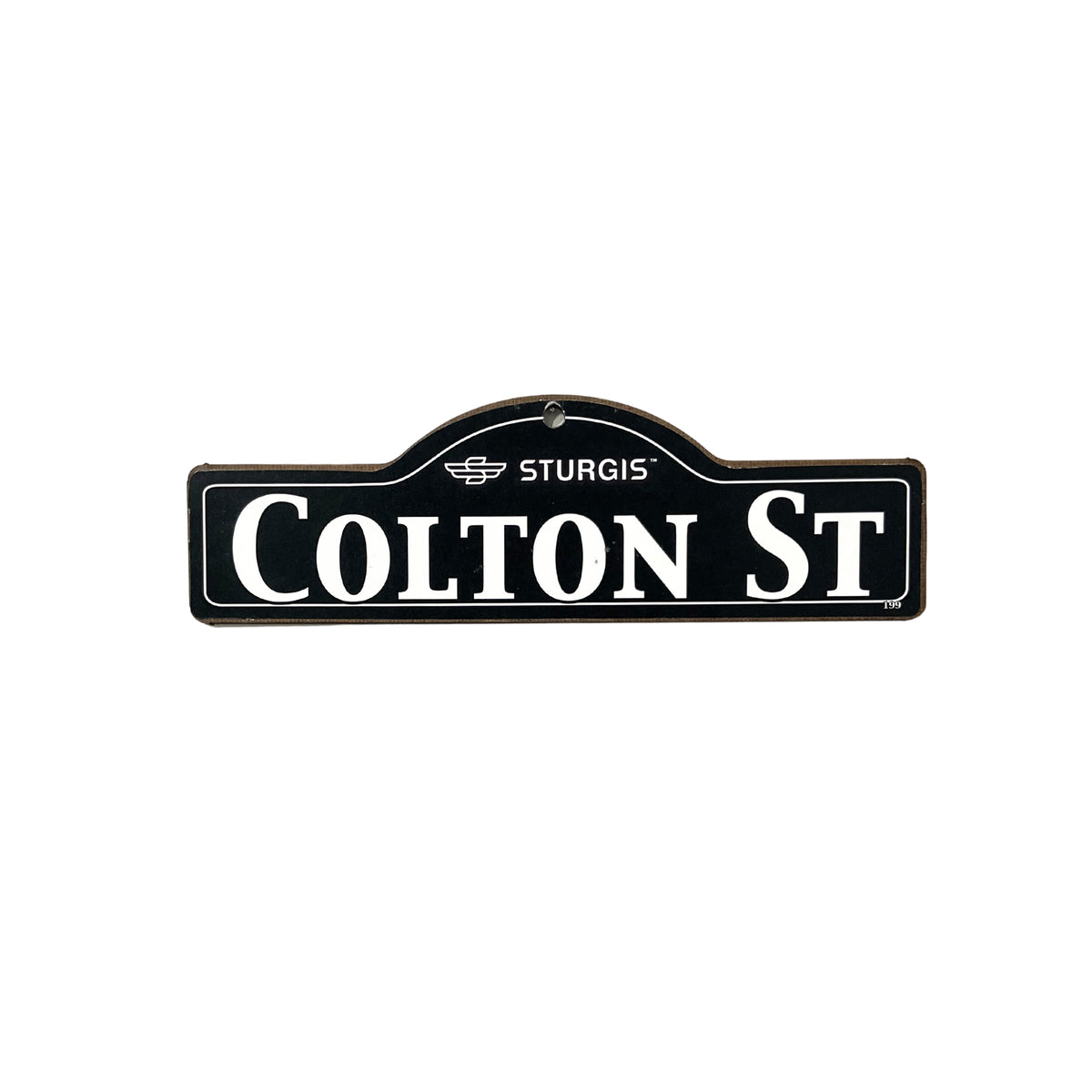 Colton Sturgis wooden street name sign with white lettering on black