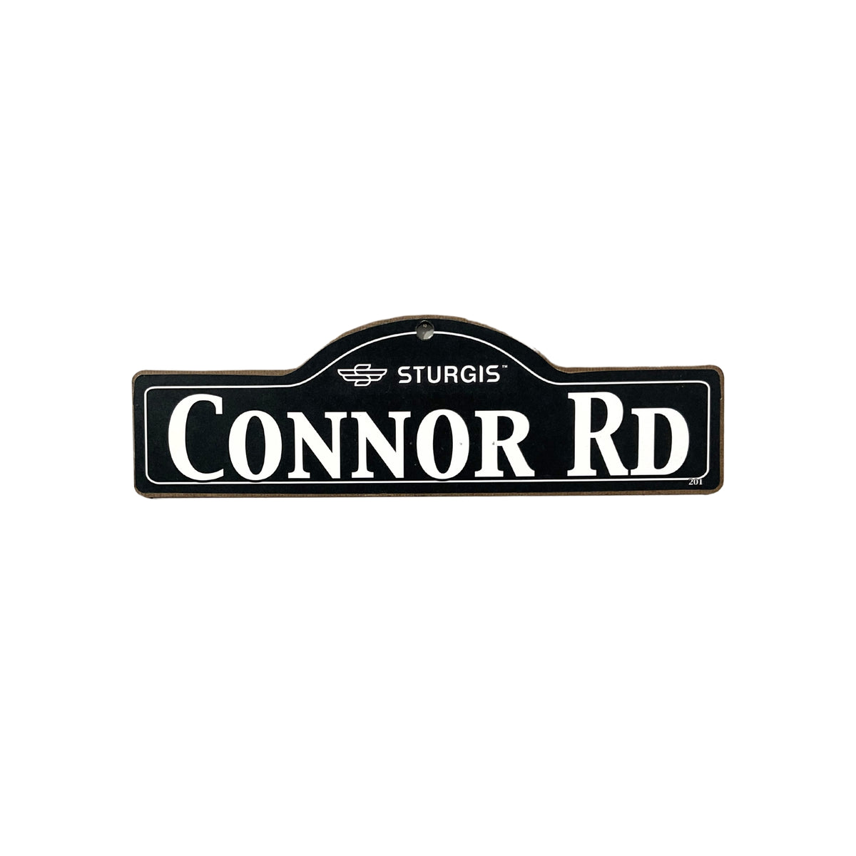 Connor Sturgis wooden street name sign with white lettering on black