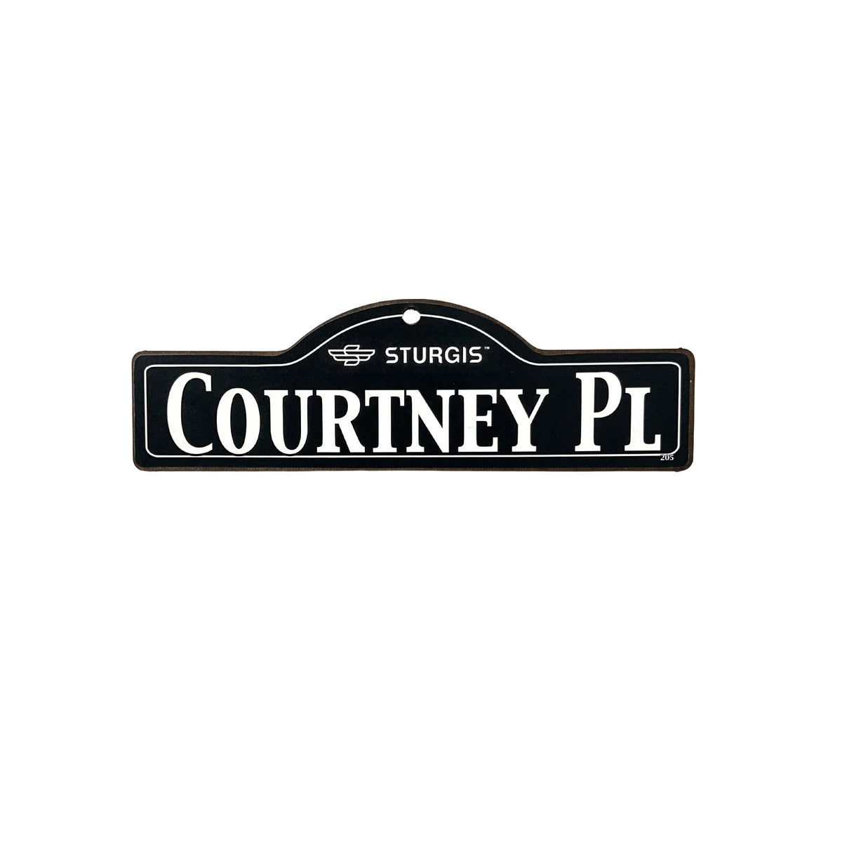 Courtney Sturgis wooden street name sign with white lettering on black