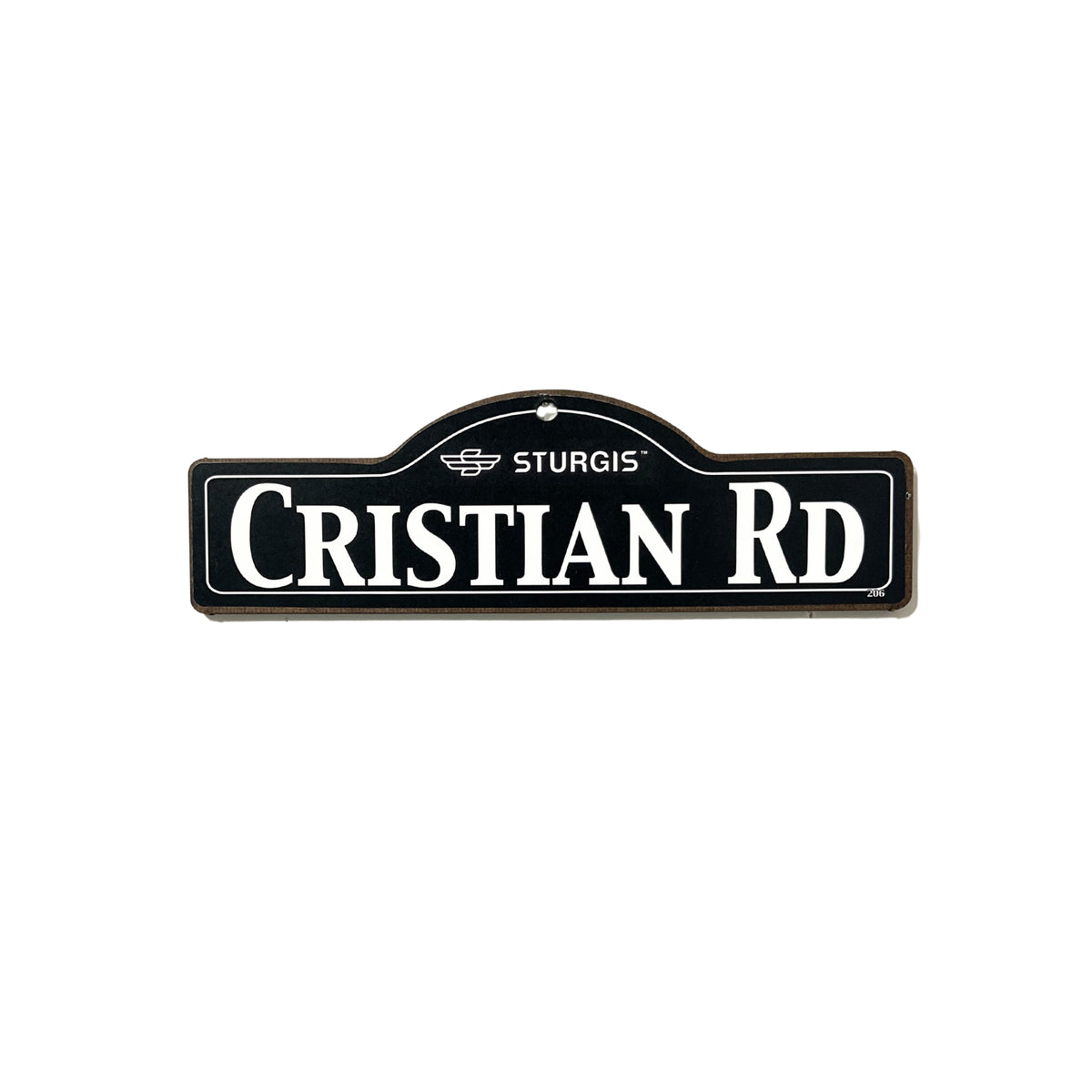 Cristian Sturgis wooden street name sign with white lettering on black