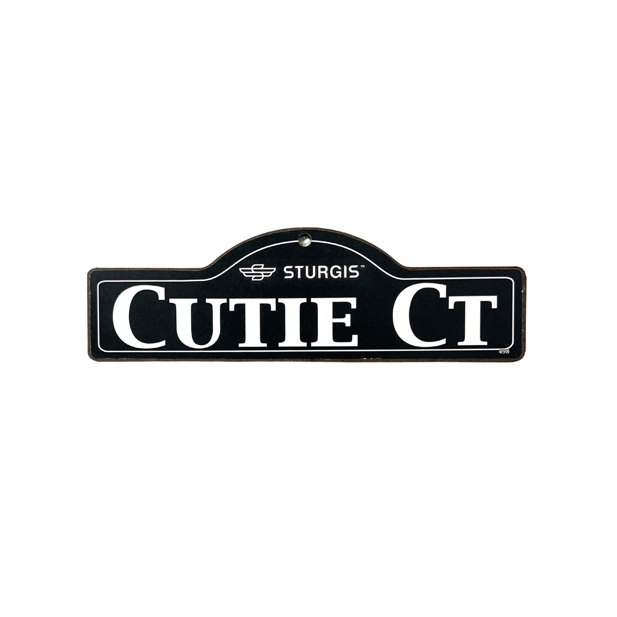 Cutie Sturgis wooden street name sign with white lettering on black