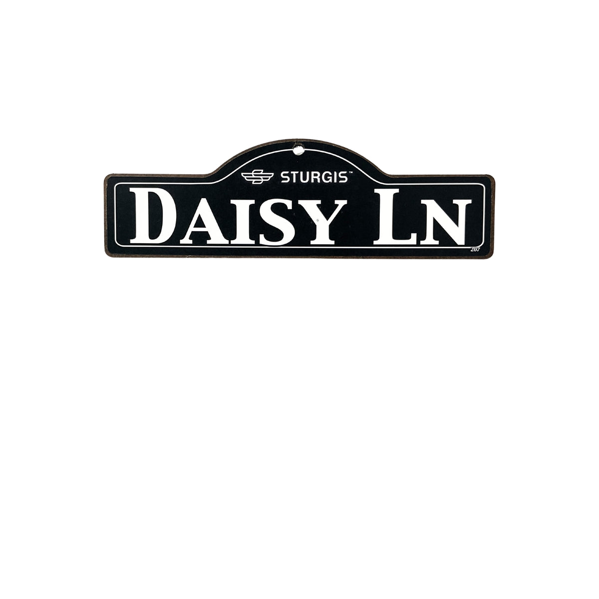Daisy Sturgis wooden street name sign with white lettering on black