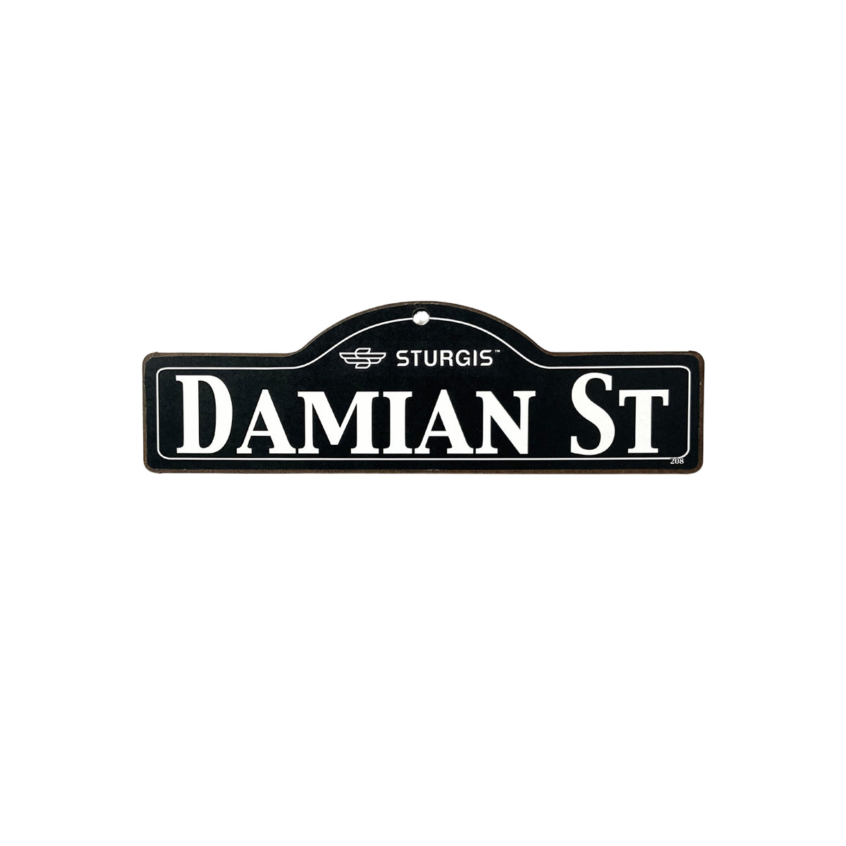 Damian Sturgis wooden street name sign with white lettering on black