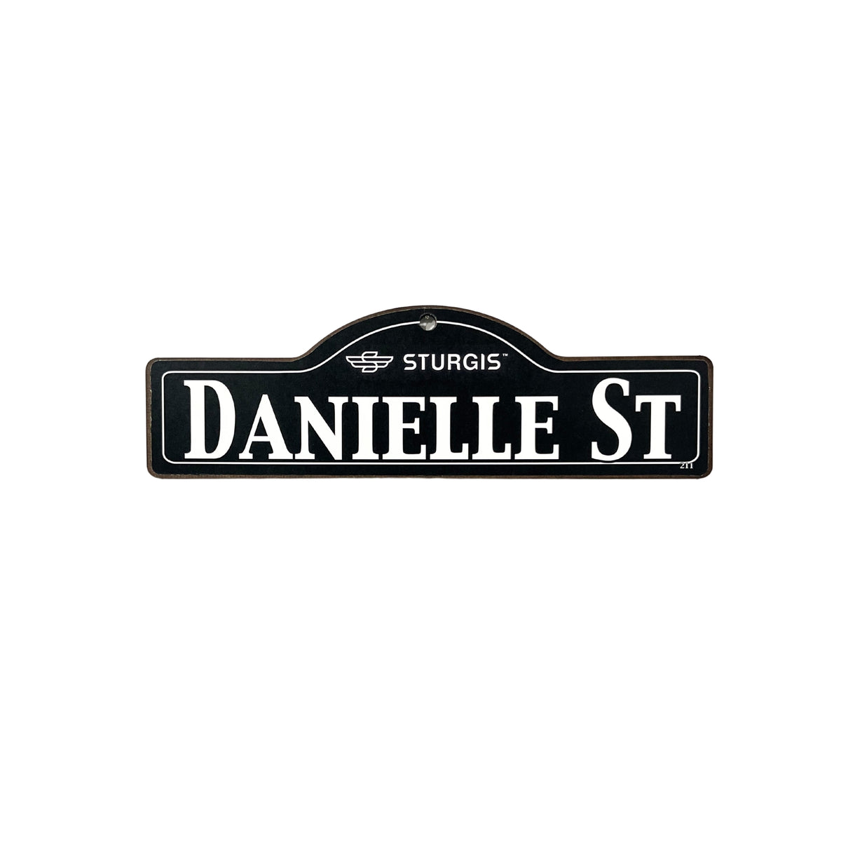 Danielle Sturgis wooden street name sign with white lettering on black