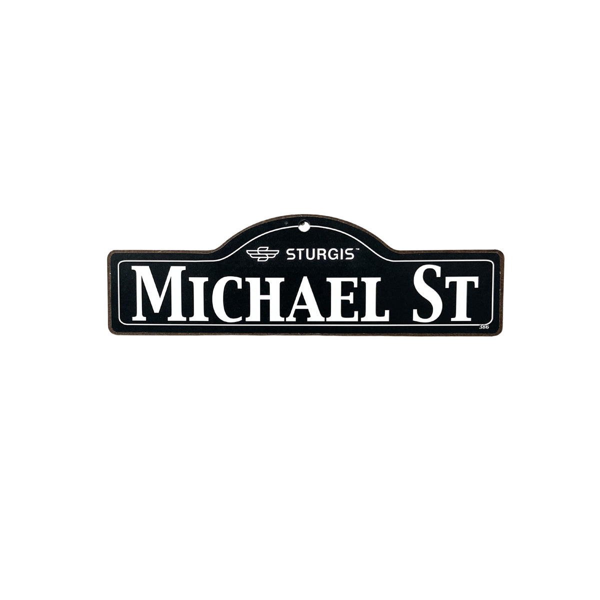 Michael Sturgis wooden street name sign with white lettering on black