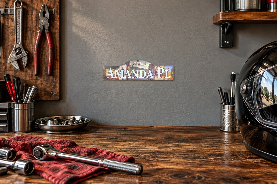 Amanda Pl small wooden plaque in a styled garage, illustrative display