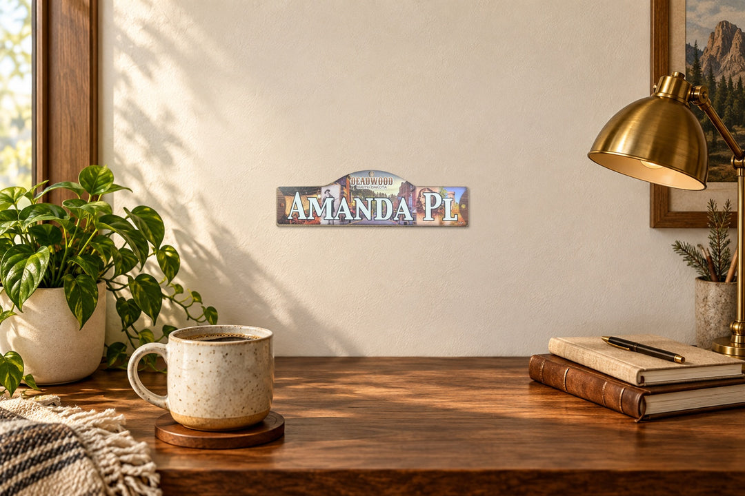 Amanda Pl small wooden plaque in a styled office, illustrative display