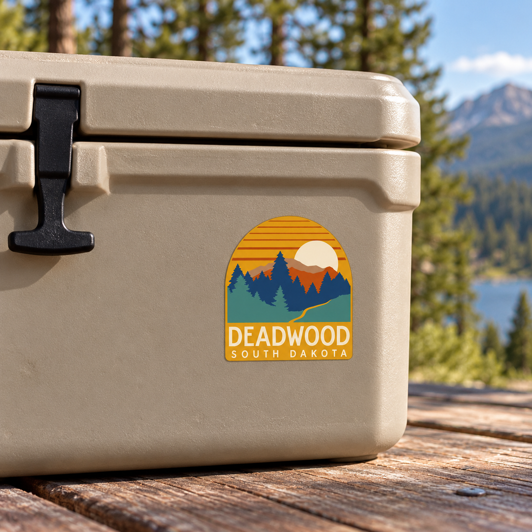 Deadwood Forest Sunset Arch Sticker on a cooler — lifestyle mockup