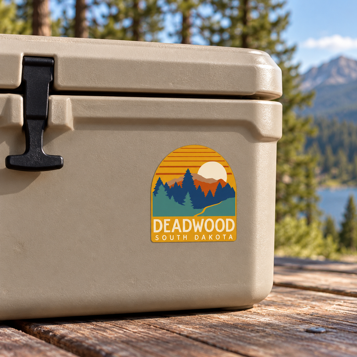 Deadwood Forest Sunset Arch Sticker on a cooler — lifestyle mockup
