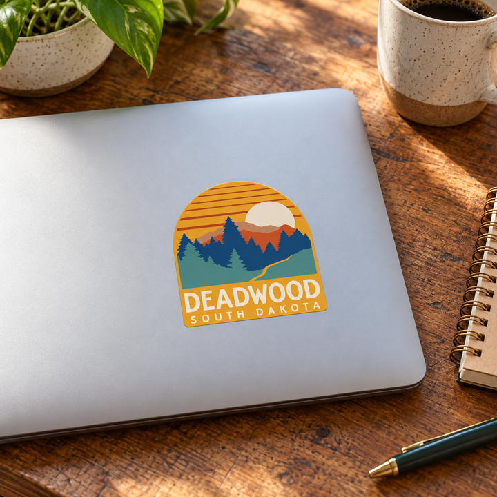 Deadwood Forest Sunset Arch Sticker on a laptop — lifestyle mockup