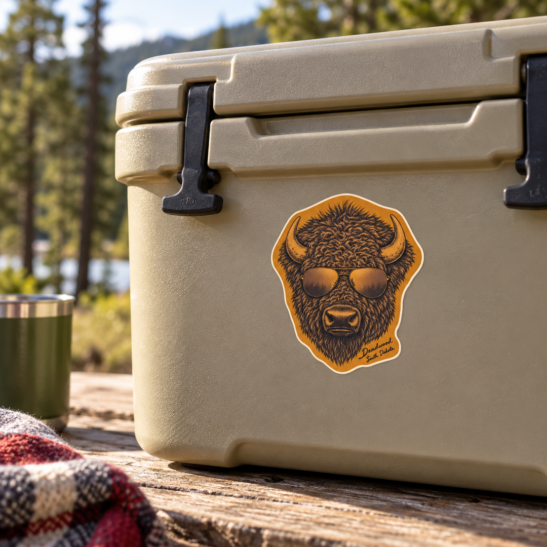 Deadwood Buffalo Aviator Sunglasses Sticker on a cooler — lifestyle mockup