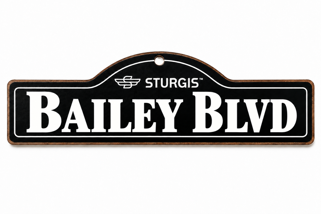 Illustrative mockup: Bailey Blvd Sturgis wooden name sign in black and white