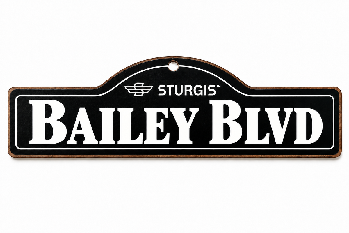 Illustrative mockup: Bailey Blvd Sturgis wooden name sign in black and white