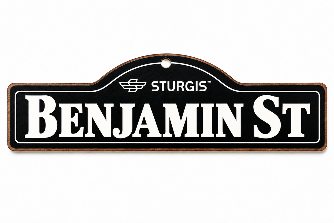 Illustrative mockup: Benjamin St Sturgis wooden name sign in black and white